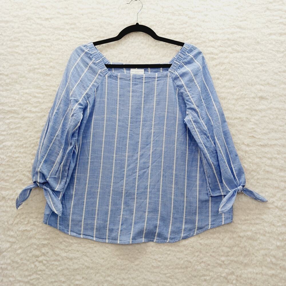 Blouse Blue Stripe Coastal Cowgirl Chic Resort Cruise Nautical Cottagecore Sz PL